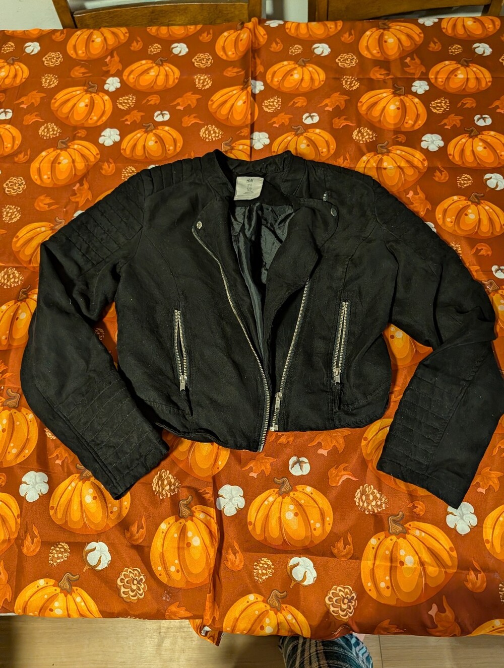 H&M Black Cropped Moto Jacket with Quilted Shoulders